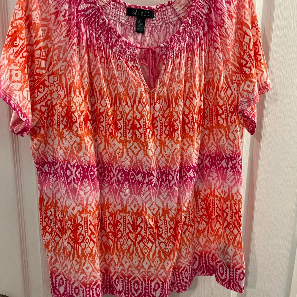 Ralph Lauren Smocked tie neck top in pink/orange/white IKAT print